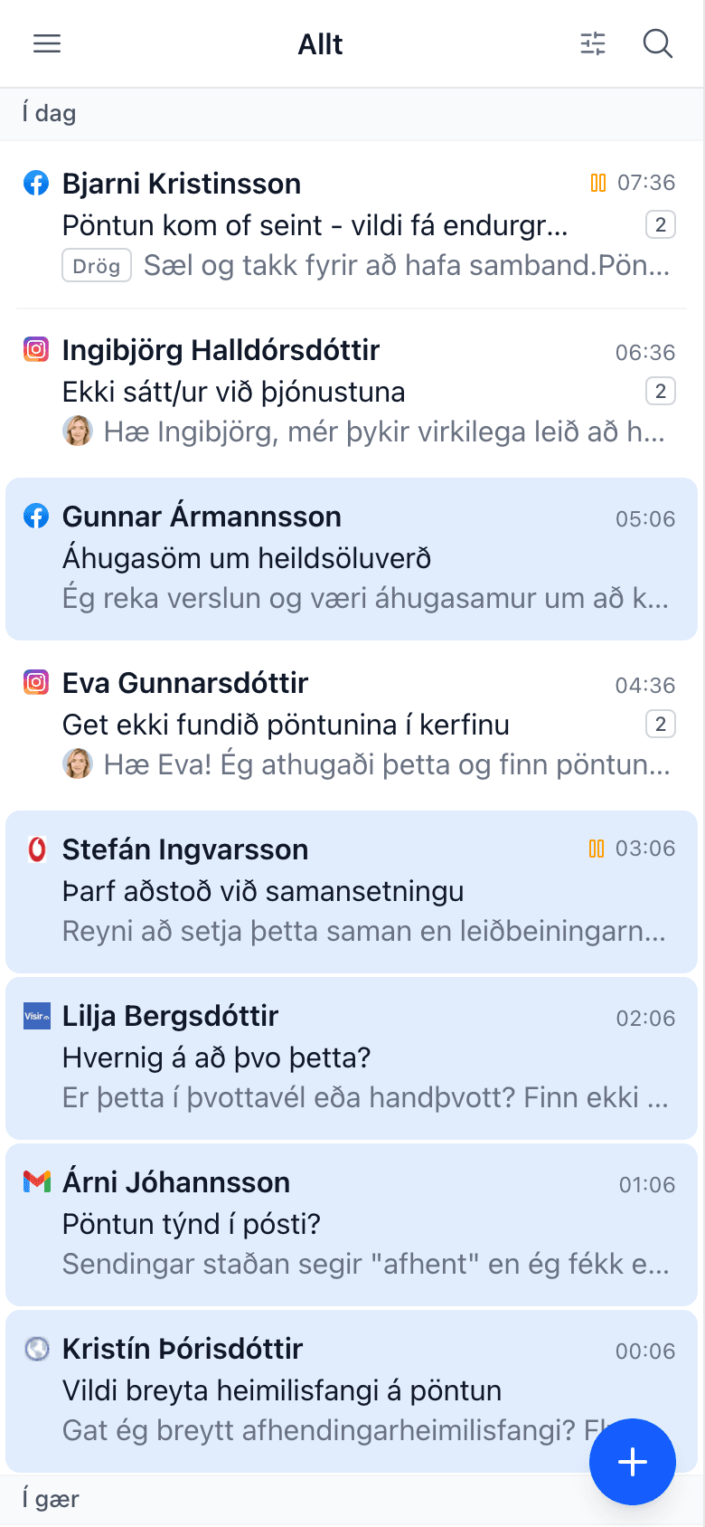 Elvo í símanum með lista yfir öll erindi úr tölvupósti, samfélagsmiðlum og vefspjalli